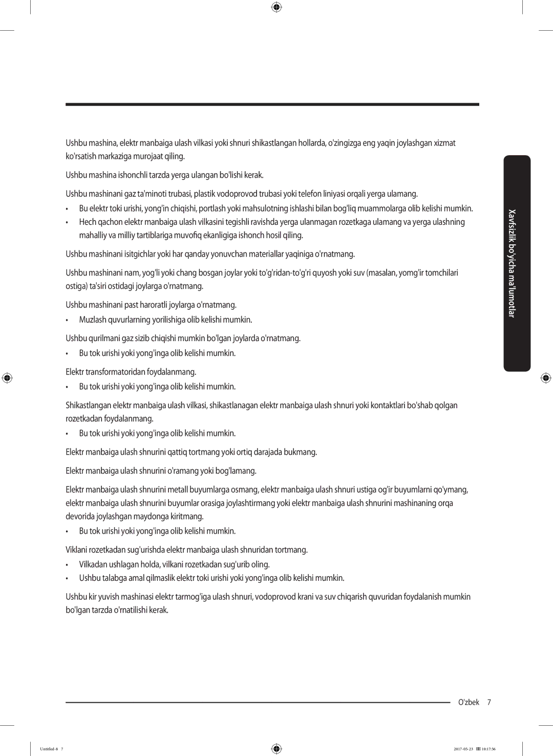 Samsung WW90J5446FW/LP, WW90J5446FX/LP manual Ozbek 7  